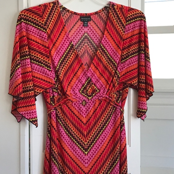 EN FOCUS Maxi Dress Pink Black Retro V Neck Kimono Sleeve Women’s Plus Size 14W - Picture 2 of 16